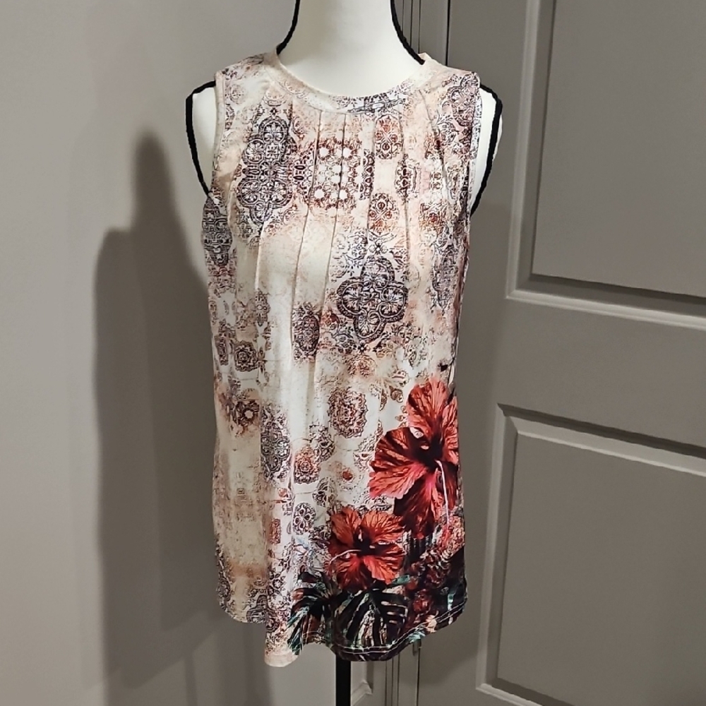 Zeagoo Floral Print Sleeveless Blouse - Cream and Red